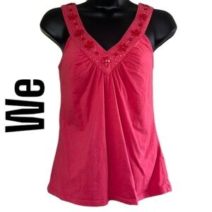We Women’s Bright Rose Sleeveless Beaded Collar V-Neck Tank Top Size L